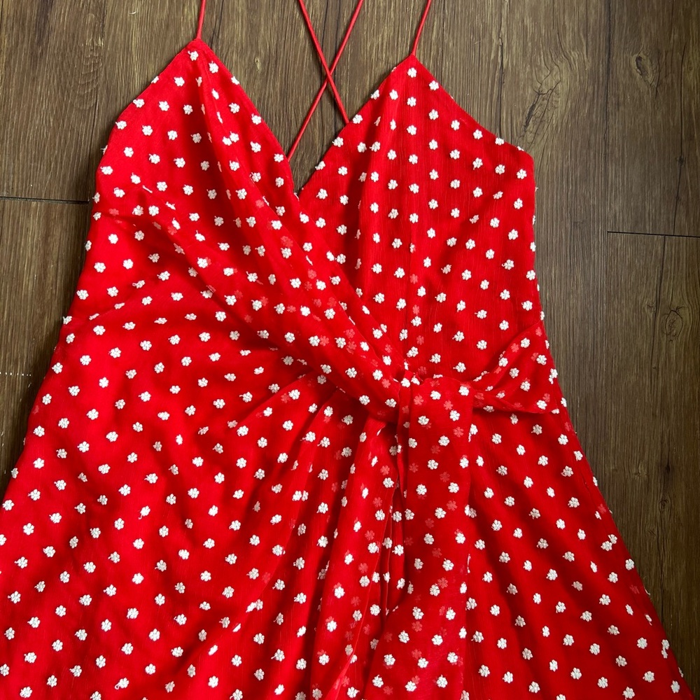 Alice + Olivia Red Polka Dot Wrap-Style Mini Dress - Picture 14 of 16
